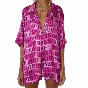 Fendi Style Pink Silky Lounge Pajama Top - Small